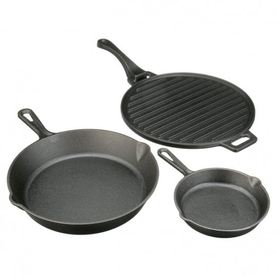 Ozark Trail 4-piece Cast Iron Skillet Set with Handles and Griddle,Pre-seasoned,6\",10.5\",11\"